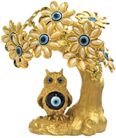 Gold colored Evil Eye Bonsai tree with Owl and White Flowers Model  M-13