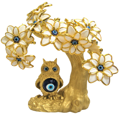 Gold colored Evil Eye Bonsai tree with Owl and White Flowers Model  M-09