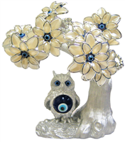 Silver colored Evil Eye Bonsai tree with Owl and White Flowers Model  M-09