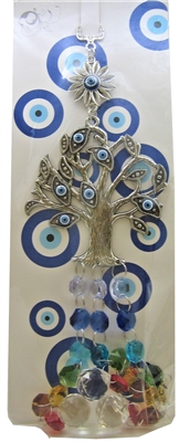 Evil Eye - Seven Chakra Tree of Life with flower and Feng Shui Crystal Prisms Amulet - 13.5"