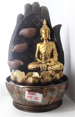 Gold Buddha cascading fountain inside hamsa with swirls Model-3621