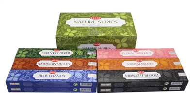 Hem Nature Series Premium Incense - 12 Packs of 15 Gram Each - With Six Different Scents - Blue Champa, Forest Flower, Floral Bouquet, Sandalwood, Midnight Blossom, and Mountain Valley