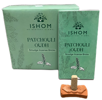 ISHOM - Patchouli Oudh Smudge Incense Bricks, Wholesale Box of [12 packs x (15 bricks + 1 Holder)]