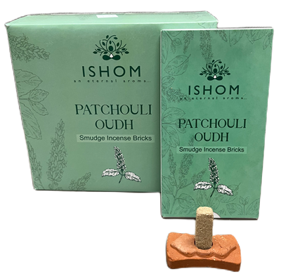 ISHOM - Patchouli Oudh Smudge Incense Bricks, Wholesale Box of [12 packs x (15 bricks + 1 Holder)]