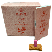 ISHOM - Rose Oudh Smudge Incense Bricks, Wholesale Box of [12 packs x (15 bricks + 1 Holder)]