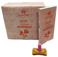 ISHOM - Rose Oudh Smudge Incense Bricks, Wholesale Box of [12 packs x (15 bricks + 1 Holder)]