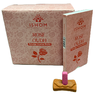ISHOM - Rose Oudh Smudge Incense Bricks, Wholesale Box of [12 packs x (15 bricks + 1 Holder)]