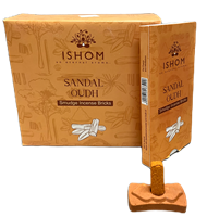 ISHOM - Sandal Oudh Smudge Incense Bricks, Wholesale Box of [12 packs x (15 bricks + 1 Holder)]