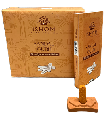 ISHOM - Sandal Oudh Smudge Incense Bricks, Wholesale Box of [12 packs x (15 bricks + 1 Holder)]