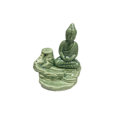 Ceramic Tea Light Oil Burner - Meditating Buddha on Rock- Random Color