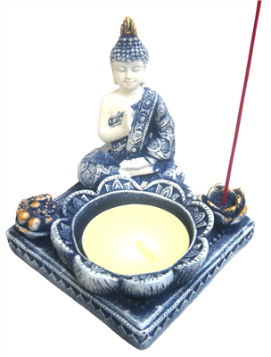 Tealight and Incense Holder Blue and White Buddha