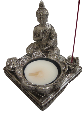 Tealight and Incense Holder Silver Buddha