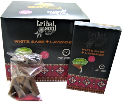 [Backflow] Tribal Soul - WHITE SAGE + LAVENDER  - Jumbo Backflow Dhoop Cones (Box of 12 Packs x 10 cones each)