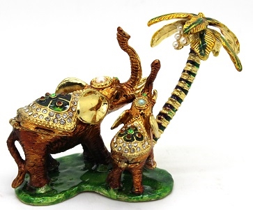 Elephants Pushing Palm Tree - Bejeweled Trinket Box