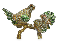 2 Multicolored Doves on Gold branch - Bejeweled Trinket Box- TRNK-4980-02