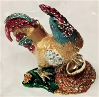 White and yellow with light blue head Rooster with One leg on Gold Egg - Bejeweled Trinket Box TRNK-3492-4
