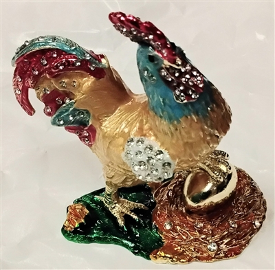 White and yellow with light blue head Rooster with One leg on Gold Egg - Bejeweled Trinket Box TRNK-3492-4