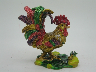 Colored Rooster Standing in the Grass - Bejeweled Trinket Box