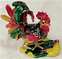 Colored Rooster  with black cloak Standing in the Grass - Bejeweled Trinket Box Trnk-4058-4