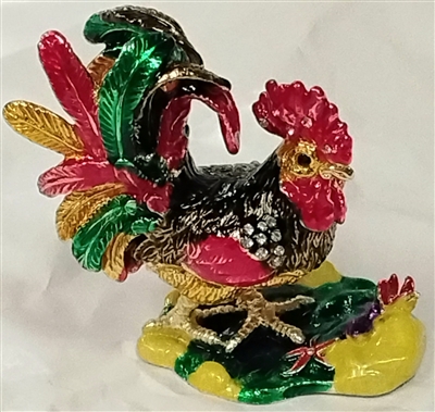 Colored Rooster  with black cloak Standing in the Grass - Bejeweled Trinket Box Trnk-4058-4
