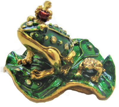 Frog with Froglet/Toadlet over Lotus Leaf - Bejeweled Trinket Box