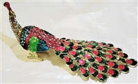 Large and Yellow  Peacock with Red Green Feather - Bejeweled Trinket Box TRNK-4515