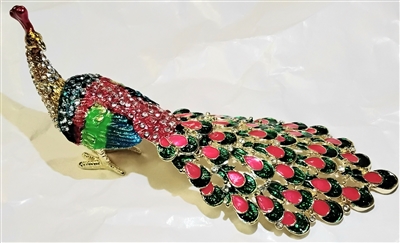 Large and Yellow  Peacock with Red Green Feather - Bejeweled Trinket Box TRNK-4515