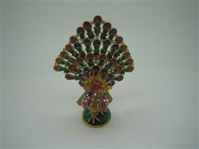 Colorful Golden Peacock Feather Up - Bejeweled Trinket Box