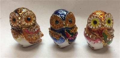 Set of 3 Small Owl - Colorful Bejeweled Trinket Box
