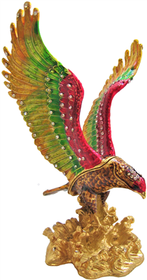 Descending Golden Eagle with Red, Green and Gold wings - Bejeweled Trinket Box