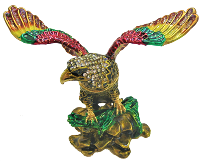 Golden Eagle with Red, Green, Yellow and Orange Wings taking Flight - Bejeweled Trinket Box