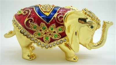 Large Golden Elephant - Bejeweled Trinket Box (Red)