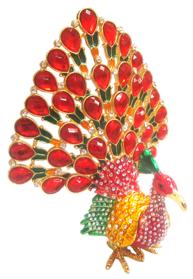 Peacock with upright Opened Red Feathers - Bejeweled Trinket Box