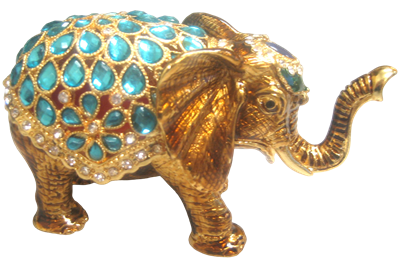 Gold Elephant with Blue Rhine Stones- Bejeweled Trinket Box - TRNK-5861