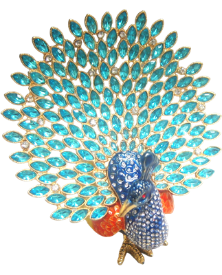 Blue Peacock with upright Opened Blue Feathers - Bejeweled Trinket Box - TRNK-5884-Blue