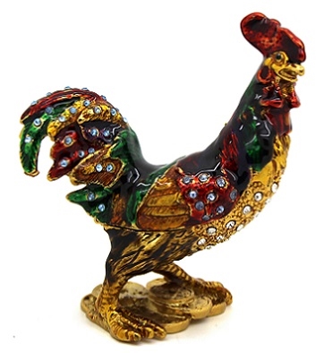 Rooster Over Chinese Coin - Bejeweled Trinket Box