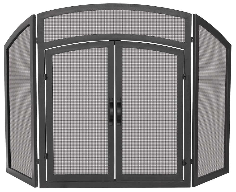 Uniflame 3 Fold Black Arch Top Fireplace Screen with Doors