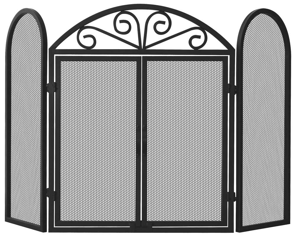 Uniflame 3 Fold Black Fireplace Screen with Arch Scroll
