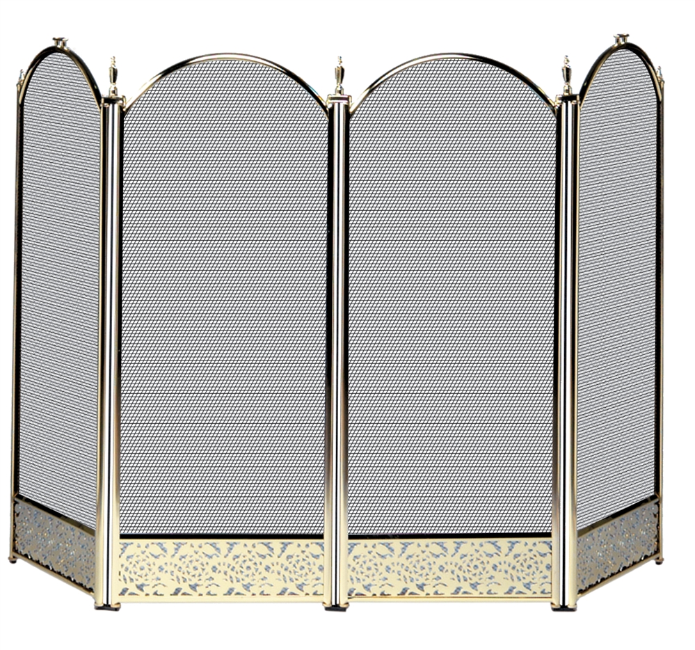 Uniflame Specialty Line 4 Fold Polished Brass Fireplace Screen with Decorative Filigree