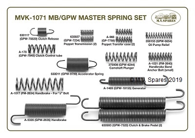 WWII JEEP MB GPW SPRING SET mvspares.com ACCELERATOR SPRING, GENERATOR SPRING, HANDBRAKE SPRING, CLUTCH & BRAKE SPRING, POPPET TRANSMISSION SPRING, CLUTCH RELEASE SPRING, POPPET TRANSFER CASE SPRING, GENERATOR SPRING, CLUTCH CONTROL TUBE SPRING, OIL PUMP