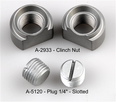 WWII JEEP PARTS, A-2933 FLOOR DRAIN CLINCH NUT, A-5120 1/4" PLUG