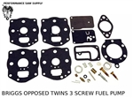 CARBURETOR KIT FITS OPPOSED TWIN CYLINDER BRIGGS & STRATTON 14HP 16HP-18HP 19HP 3 SCREW FUEL PUMP