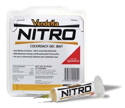 Vendetta Nitro Cockroach Gel Bait, a clean-out product for heavy infestations that you can rely on when speed matters.  New active ingredient combination of clothianidin and Nyguard IGR. For use in commercial, industrial and residential areas.