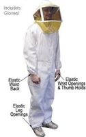 Complete Bee Suit - this comfortable, lightweight bee suit is constructed of a 50% cotton/50% polyester blend for strength and durability. Suit includes: coveralls with elastic wrists and ankles, mesh helmet, attached zipper veil and leather bee gloves.