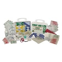 10 Person First Aid Kit - this 65 piece first aid kit is packed in a weatherproof plastic case. Kit first in vehicle glove box or can be mounted on a wall. Includes adhesive strips, gauze pads, adhesive tape roll, antiseptic wipes, burn cream packets.
