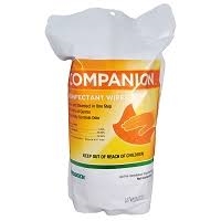 Neogen Companion Disinfectant Wipes - Fresh Citrus scent - effectively kills Parvovirus and Calicivirus. Provides effective cleaning and disinfection in a single operation. Non-corrosive even after repetitive uses.  Resealable pouch.