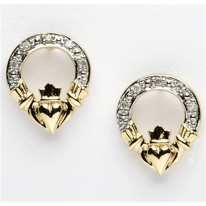 14k Yellow Gold Diamond Claddagh Earrings