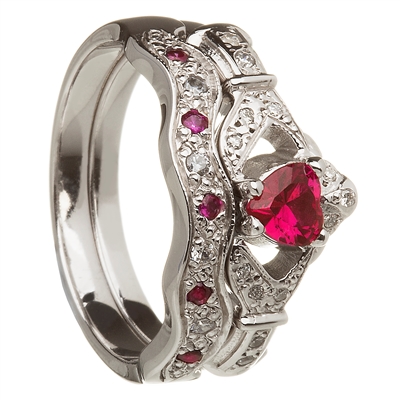 14k White Gold Sapphire Set Heart Claddagh Ring & Wedding Ring Set