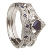 14k White Gold Sapphire Set Heart Claddagh Ring & Wedding Ring Set