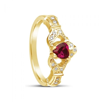 14k White Gold Ruby Set Heart Claddagh Ring 12.4mm